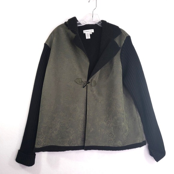 Coldwater Creek Jackets & Blazers - Coldwater Creek Jacket 1X Olive Green Black Paisley Knit Sleeve‎ Toggle Closure